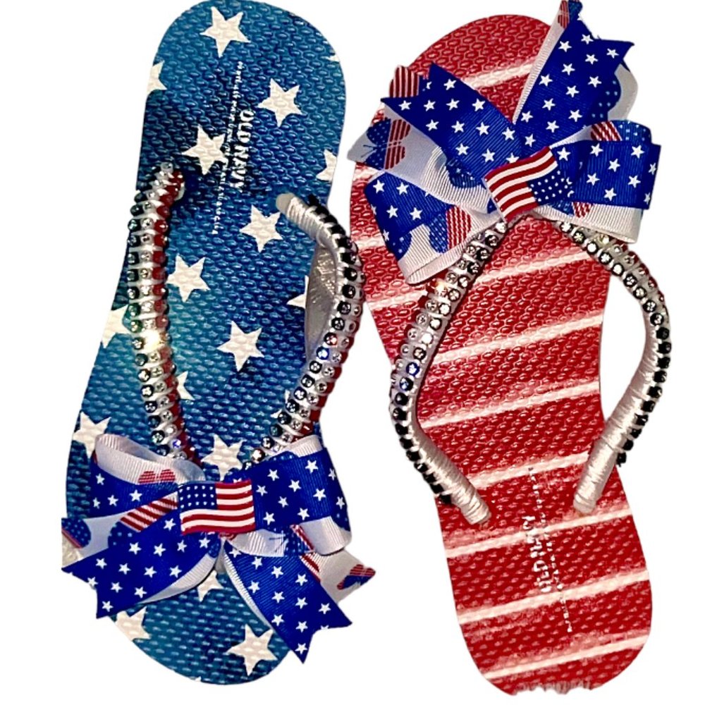 Old Navy Flip Flops, Crystal Trimmings, American Flag, 4th of July, USA Sandals